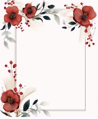 Frame of red and pink flowers, leaves and berries with a white background in art nouveau style
