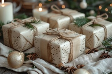 Fototapeta na wymiar Simple yet elegant, these gifts in neutral tones feature pine and star anise accents for a natural holiday charm