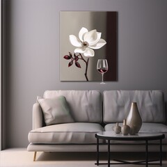 White magnolia with burgundy wine in elegant still life, painting, interior, art