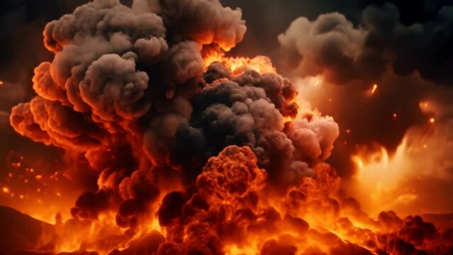 mountain of fire explodes. The sky is black and dark on a background of smoke.