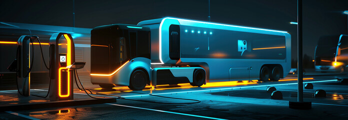 Futuristic Electric Delivery Truck at Charging Station - obrazy, fototapety, plakaty