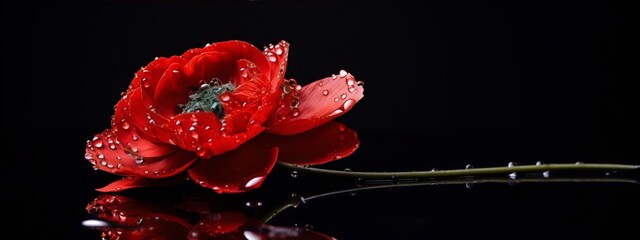 Red wet flower on black backgroud , petals covered with water drops reflecting light , still life , studio shot , high resolution , detailed ,vibrant colors