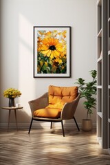 Oil painting of a bright yellow sunflower in a black frame above an orange armchair and a plant in a white pot in a bright room with white walls and brown wooden floor in impressionist style - obrazy, fototapety, plakaty