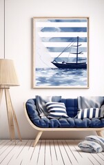 Minimalist watercolor painting of a sailboat in a striped blue sea with a wooden lamp and a blue couch with striped pillows in a modern coastal living room