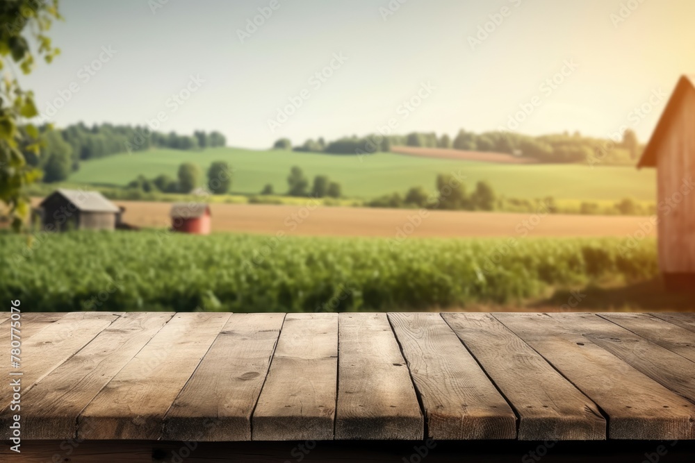 Poster the empty wooden brown table top with blur background of farm and barn. exuberant image. generative 