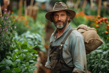 A mature farmer with a beard wearing a hat and overalls stands in a lush garden carrying a burlap bag