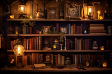 Rustic bookshelf filled with well-loved novels. Generative AI