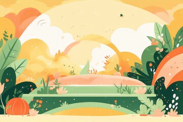 vibrant colors and simple shapes create a whimsical and surreal landscape