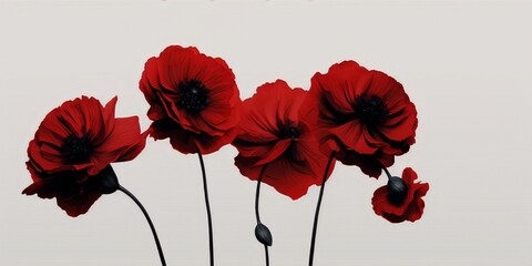 Five red poppies in different stages of bloom against a beige background.