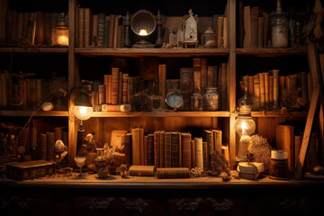Fototapeta na wymiar Rustic bookshelf filled with well-loved novels. Generative AI