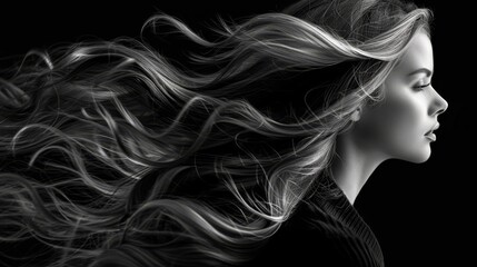   A monochrome image of a woman's profile, her wavy hair billowing against a dark backdrop