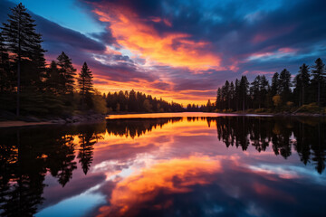 Fototapeta premium Serene lake reflecting the vibrant colors of a sunset sky. Generative AI