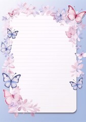 Whimsical watercolor floral frame with butterflies in shades of purple, pink and blue.