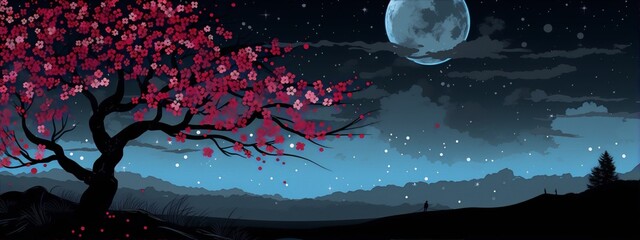 A cherry tree in full bloom against a starry night sky and a bright shining moon in the background.