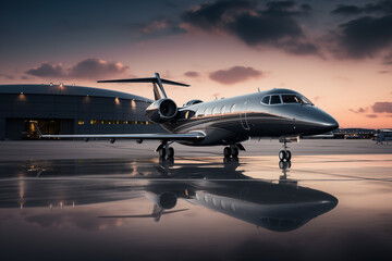 Sleek private jet parked on a private runway. Generative AI - obrazy, fototapety, plakaty
