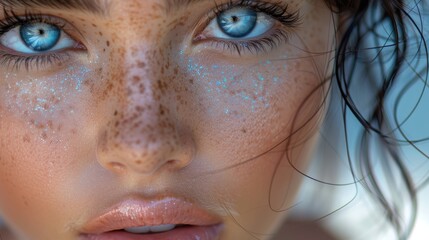   A tight shot of a woman's face adorned with freckles, one her cheeks, the other around her eyes