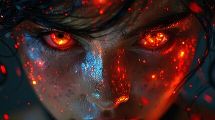  red eyes gleaming, face aglow with a crimson radiance - obrazy, fototapety, plakaty
