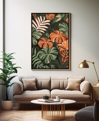 vibrant green and orange tropical leaves in a modern interior