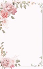 Pink roses and green leaves frame with golden line art nouveau style on cream background