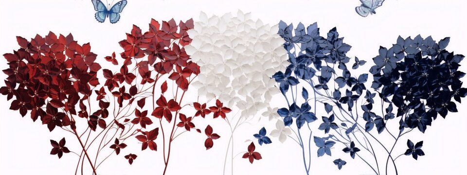Blue and red flowers in a white background with blue butterflies, in a modern style, for interior design, inspired by pop art.