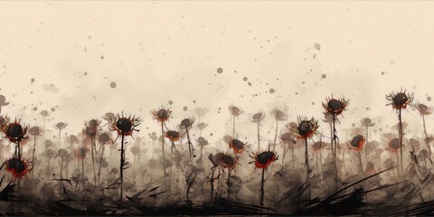 Bleak digital painting of a field of dead sunflowers in red and black with a beige background.