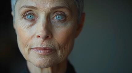   A tight shot of a woman's face, her blue eyes intense and focused, gazing directly into the lens - obrazy, fototapety, plakaty