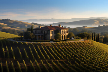 Sprawling vineyard estate with rolling hills covered in meticulously grapevines and winery...
