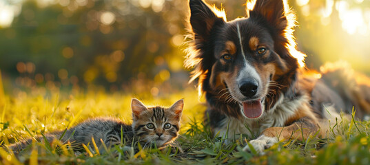 Happy Cat and Dog Together on Grass at Sunset - obrazy, fototapety, plakaty
