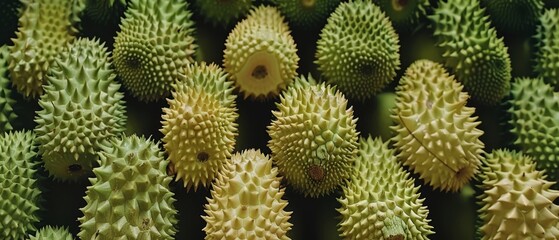   A detailed shot of spiky green and yellow fruits, each featuring a central hole