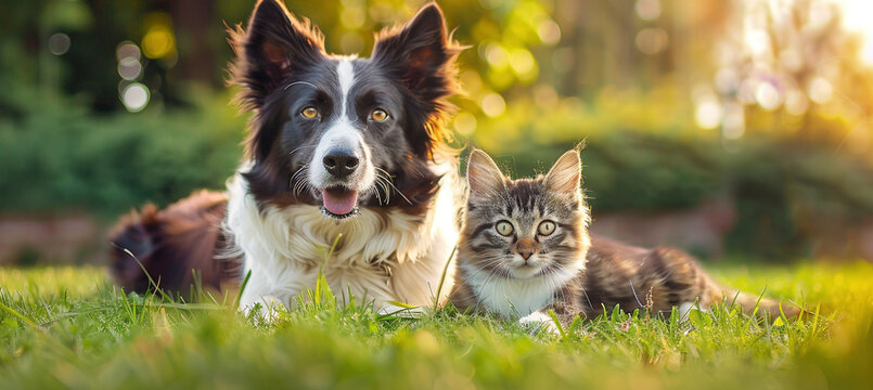 Happy Dog and Cat Together on a Sunny Grass Field