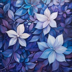 vibrant blue and purple flowers and leaves with intricate details in an art nouveau style