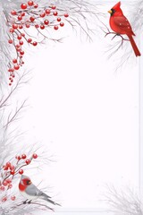 Two red cardinals birds on snowy winter branches with red berries in the corner of a white background, digital art, highly detailed, soft lighting