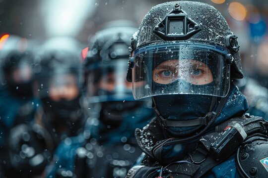 The image depicts a riot police officer standing strong amidst rain and smoke, maintaining order during tense moments