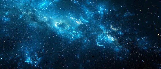   A vast star cluster in dark blue space, teeming with stars at its base and centered within