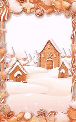 Cute cartoon gingerbread houses and candy canes frame a snowy village scene in a whimsical illustration.