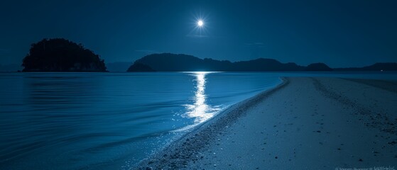   A full moon illuminates the night sky, mirrored in a tranquil body of water Beach and island form the picturesque backdrop
