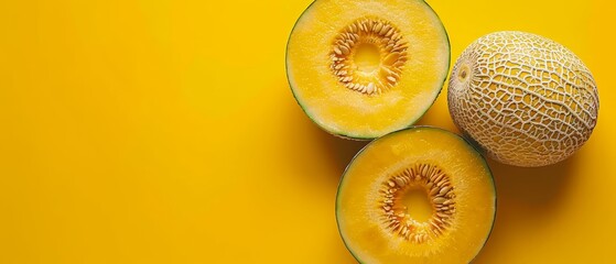   Two melons, each cut in half, placed on separate yellow tables - obrazy, fototapety, plakaty