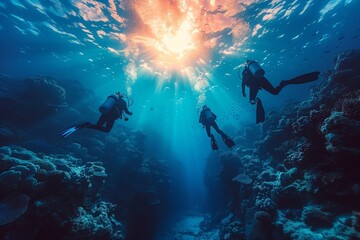 Fototapeta na wymiar Scuba divers underwater experience a captivating exploration of a vibrant coral reef with sunlight filtering through