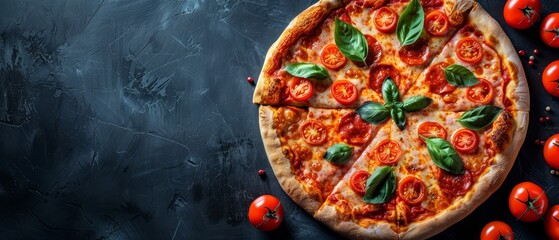   A tight shot of a pizza on a table, adorned with tomatoes and basil atop Beneath, basil leaves dot the surface