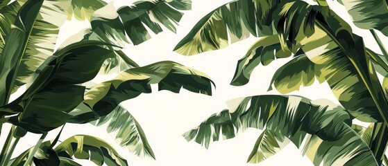   A tight shot of several green banana plant leaves against a white backdrop Sky visible beyond - obrazy, fototapety, plakaty