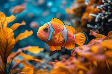 A stunning visual of a bright orange clownfish swimming through vibrant coral reefs in a crystal-clear underwater scene - obrazy, fototapety, plakaty