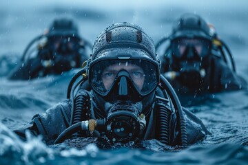 A group of military frogmen perform a covert operation in deep dark waters, showcasing courage and stealth in a tense scenario