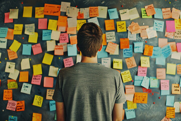 Man Contemplating Various Ideas on a Colorful Sticky Notes Wall