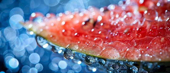   A watermelon slice, atop a table, bears droplets