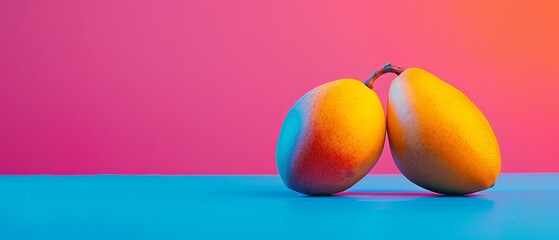   Two mangoes on a blue surface against a pink-blue background