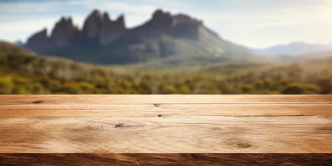 Crédence de cuisine en verre imprimé Mont Cradle The empty wooden brown table top with blur background of Cradle mountain in Tasmania. Exuberant image. generative AI