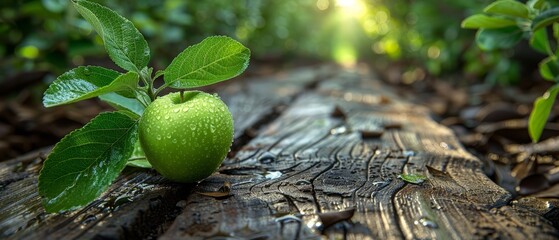   A green apple atop a wooden base An adjacent wooden platform holds another apple, similarly green and foliage-laden
