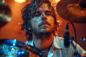 An intense shot of a drummer concentrating while surrounded by drumming equipment