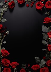 Frame of dark red roses on black background, still life, photography