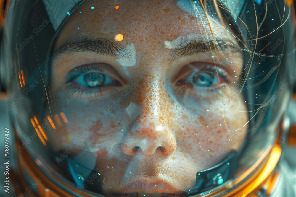 Poster this image captures a mesmerizing reflection on an astronaut's space helmet visor against an abstrac